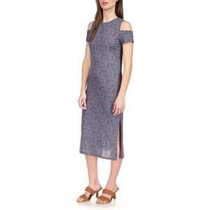 Michael Kors Women Navy Palm Cotton Cold-Shoulder Casual Midi Dress Size XS